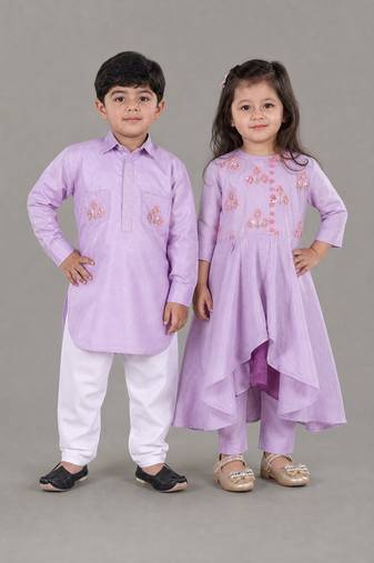 Lavender embroidered cotton silk anarkali set & kurta jacket brother sister matching combo