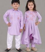 Lavender embroidered cotton silk anarkali set & kurta jacket brother sister matching combo