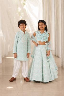 Blue mirror work georgette lehenga choli & kurta pyjama brother sister matching combo 1