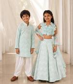 Blue mirror work georgette lehenga choli & kurta pyjama brother sister matching combo