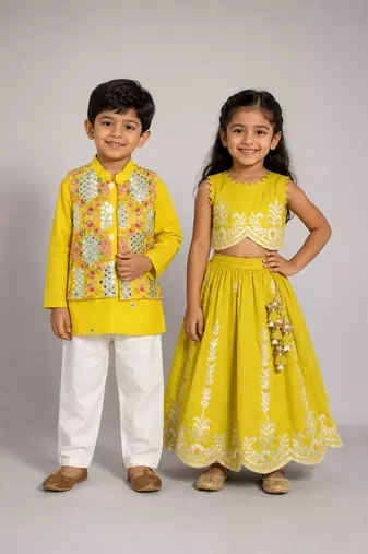 Lime green gota embroidered chanderi lehenga choli & kurta jacket brother sister matching combo