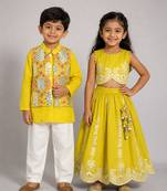 Lime green gota embroidered chanderi lehenga choli & kurta jacket brother sister matching combo
