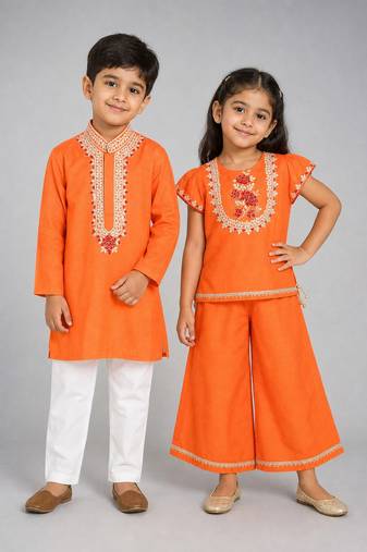 Orange embroidered silk palazzo set & kurta pyjama brother sister matching combo