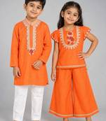 Orange embroidered silk palazzo set & kurta pyjama brother sister matching combo