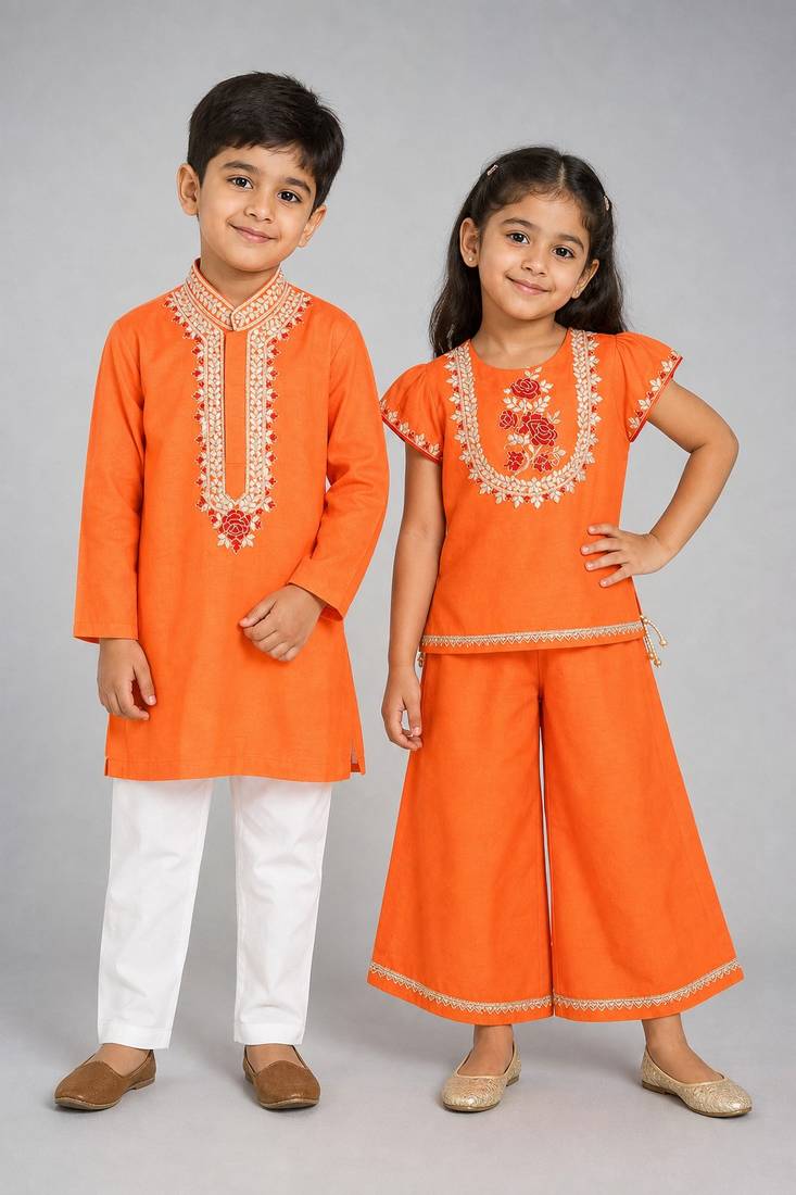 Orange embroidered silk palazzo set & kurta pyjama brother sister matching combo