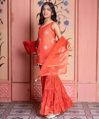 Orange embroidered chanderi silk sharara set & dhoti kurta brother sister matching combo 2