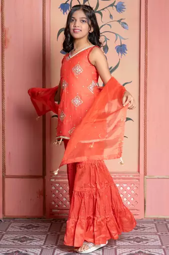 Orange embroidered chanderi silk sharara set & dhoti kurta brother sister matching combo