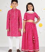 Pink leheriya & printed cotton lehenga choli & kurta pyjama brother sister matching combo