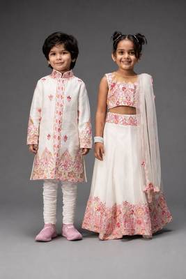 White embroidered organza & raw silk lehenga choli & kurta pant brother sister matching combo 1