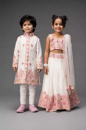 White embroidered organza & raw silk lehenga choli & kurta pant brother sister matching combo