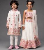 White embroidered organza & raw silk lehenga choli & kurta pant brother sister matching combo