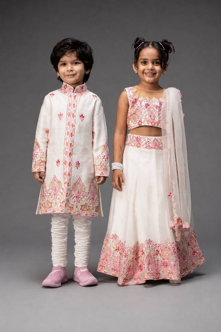 White embroidered organza & raw silk lehenga choli & kurta pant brother sister matching combo