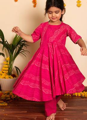 Pink handwoven & printed cotton anarkali set & kurta pyjama brother sister matching combo 2