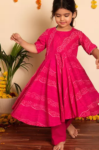 Pink handwoven & printed cotton anarkali set & kurta pyjama brother sister matching combo