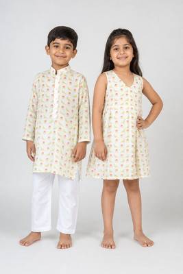 White printed cotton dress & kurta pant brother sister matching combo 1