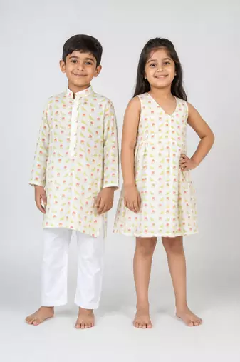 White printed cotton dress & kurta pant brother sister matching combo