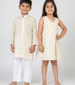 White printed cotton dress & kurta pant brother sister matching combo