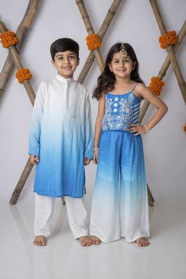 Blue & white handwoven cotton ethnic set & kurta pyjama brother sister matching combo 1
