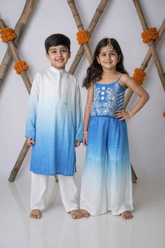 Blue & white handwoven cotton ethnic set & kurta pyjama brother sister matching combo