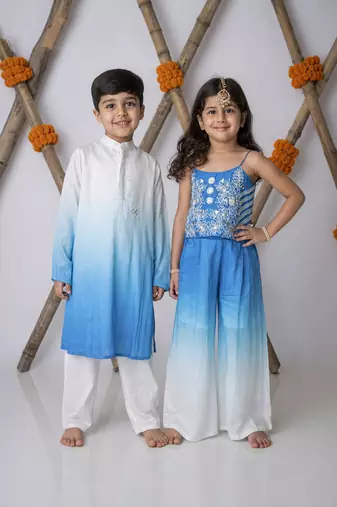 Blue & white handwoven cotton ethnic set & kurta pyjama brother sister matching combo