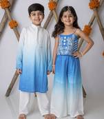 Blue & white handwoven cotton ethnic set & kurta pyjama brother sister matching combo