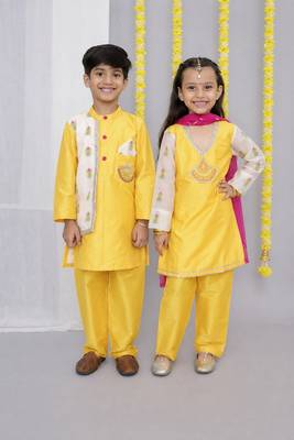 Mustard & white embroidered chanderi kurta set & kurta pant brother sister matching combo 1