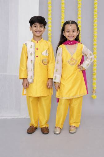 Mustard & white embroidered chanderi kurta set & kurta pant brother sister matching combo