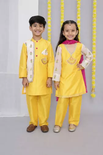 Mustard & white embroidered chanderi kurta set & kurta pant brother sister matching combo