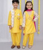 Mustard & white embroidered chanderi kurta set & kurta pant brother sister matching combo