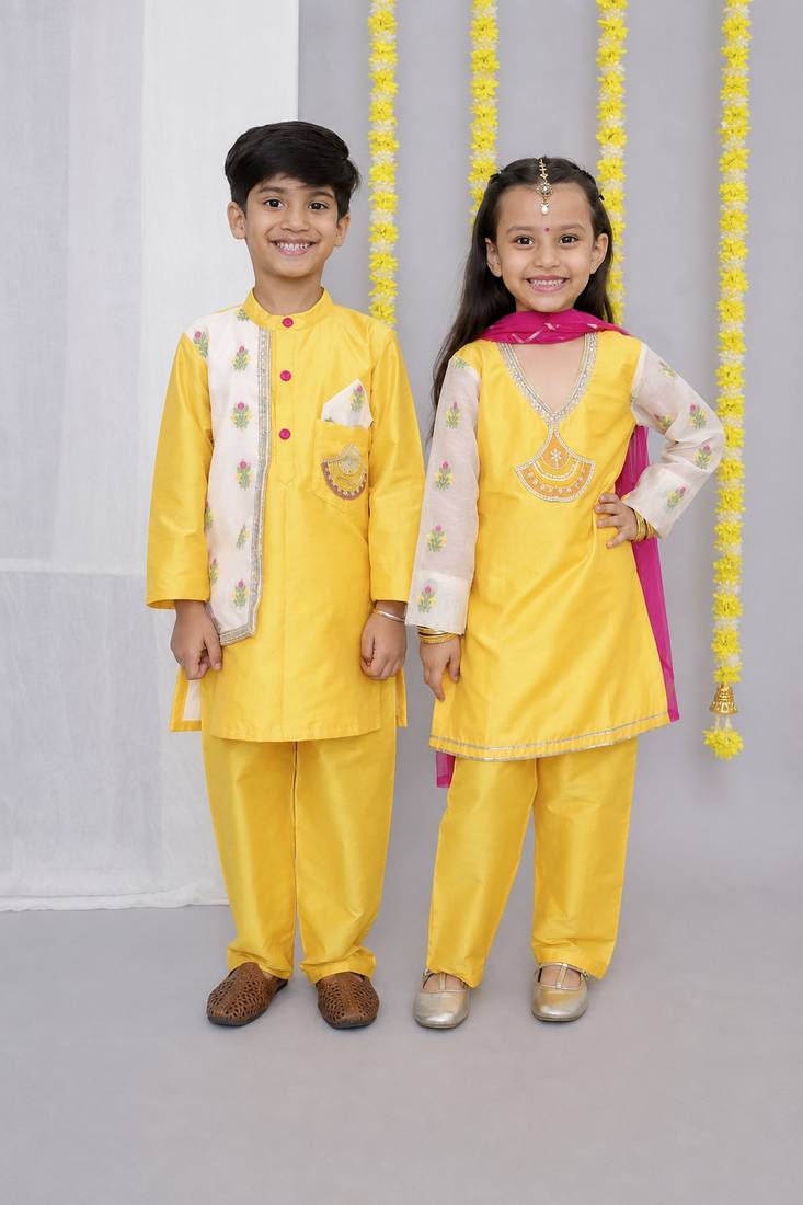 Mustard & white embroidered chanderi kurta set & kurta pant brother sister matching combo