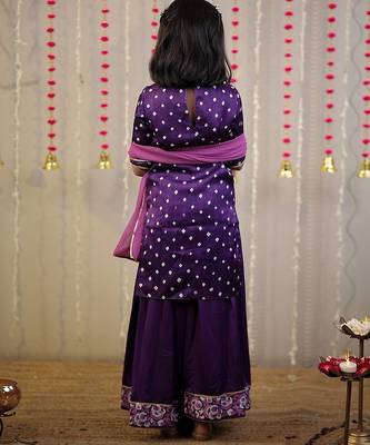 Purple bandhani & block printed cotton silk sharara set & kurta pyjama brother sister matching combo 2