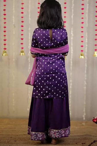 Purple bandhani & block printed cotton silk sharara set & kurta pyjama brother sister matching combo