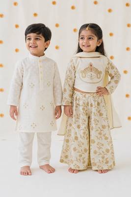 Cream embroidered cotton co-ord set & kurta pant brother sister matching combo 1