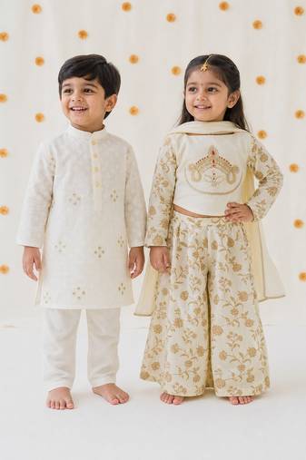 Cream embroidered cotton co-ord set & kurta pant brother sister matching combo