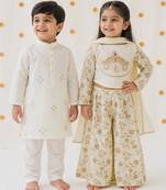 Cream embroidered cotton co-ord set & kurta pant brother sister matching combo