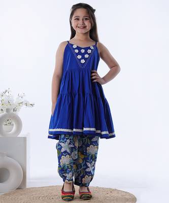 Royal blue printed cotton kurta set & kurta jacket brother sister matching combo 2