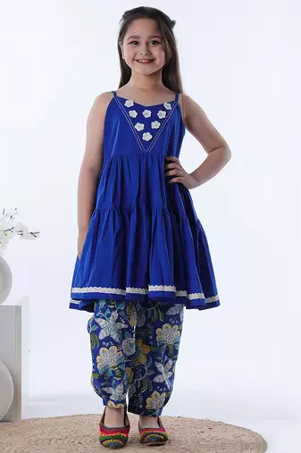 Royal blue printed cotton kurta set & kurta jacket brother sister matching combo