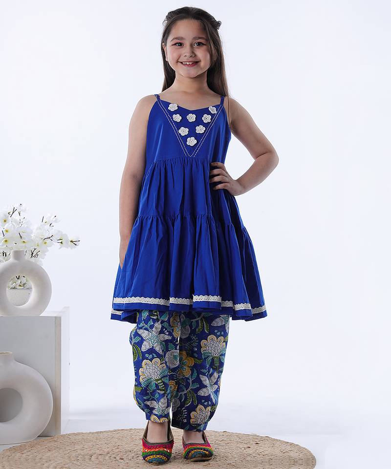 Royal blue printed cotton kurta set & kurta jacket brother sister matching combo