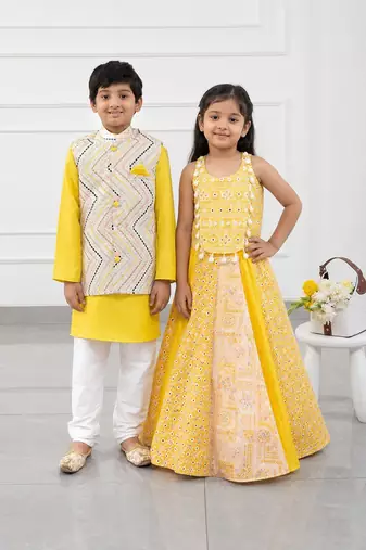 Yellow & white embroidered art silk & cotton dress & kurta jacket brother sister matching combo