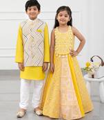 Yellow & white embroidered art silk & cotton dress & kurta jacket brother sister matching combo