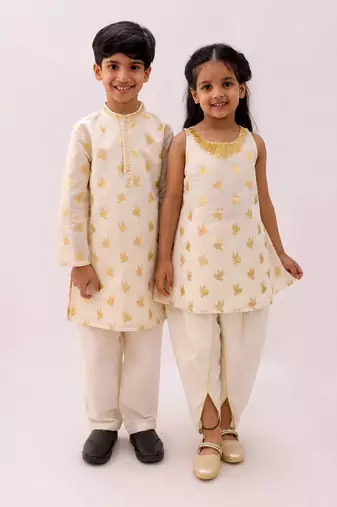 Off white printed chanderi dhoti kurta set & kurta pant brother sister matching combo
