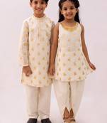 Off white printed chanderi dhoti kurta set & kurta pant brother sister matching combo
