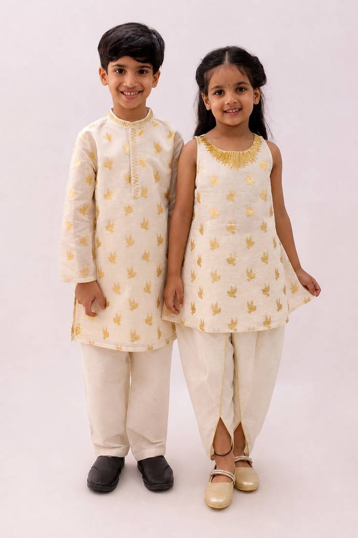 Off white printed chanderi dhoti kurta set & kurta pant brother sister matching combo