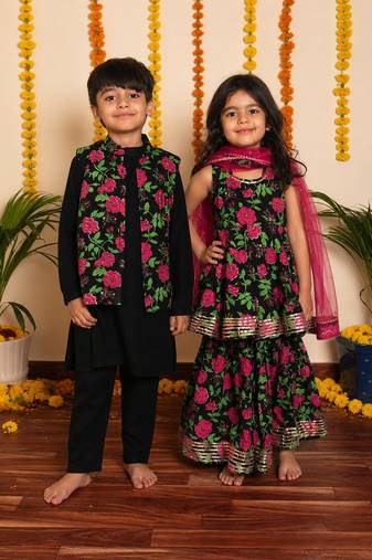 Black handwoven & printed cotton & rayon sharara set & kurta jacket brother sister matching combo