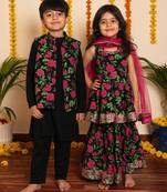 Black handwoven & printed cotton & rayon sharara set & kurta jacket brother sister matching combo
