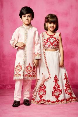 White & pink embroidered organza & satin lehenga choli & sherwani brother sister matching combo 1