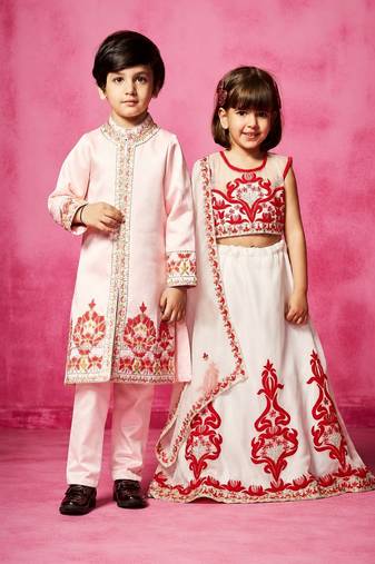 White & pink embroidered organza & satin lehenga choli & sherwani brother sister matching combo