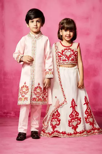 White & pink embroidered organza & satin lehenga choli & sherwani brother sister matching combo