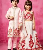 White & pink embroidered organza & satin lehenga choli & sherwani brother sister matching combo