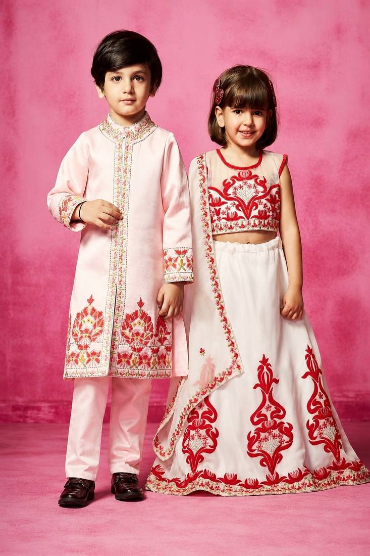 White & pink embroidered organza & satin lehenga choli & sherwani brother sister matching combo